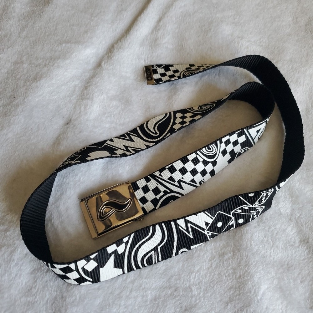 Vintage 90's Adio Skateboards Dice Checkered Skull AOP Buckle Belt Black 48"